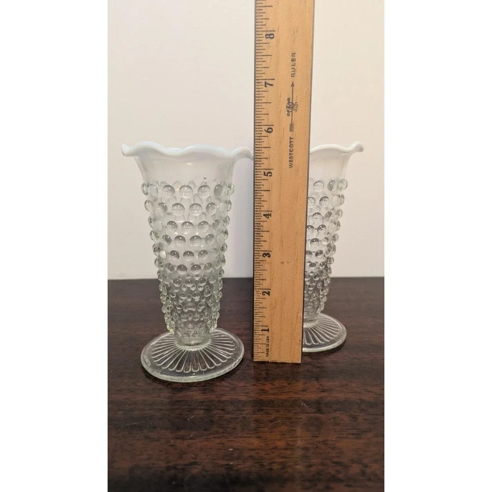 4pc Vintage Fenton Style Hobnail Glass Opalescent White Vases Candle Holders
